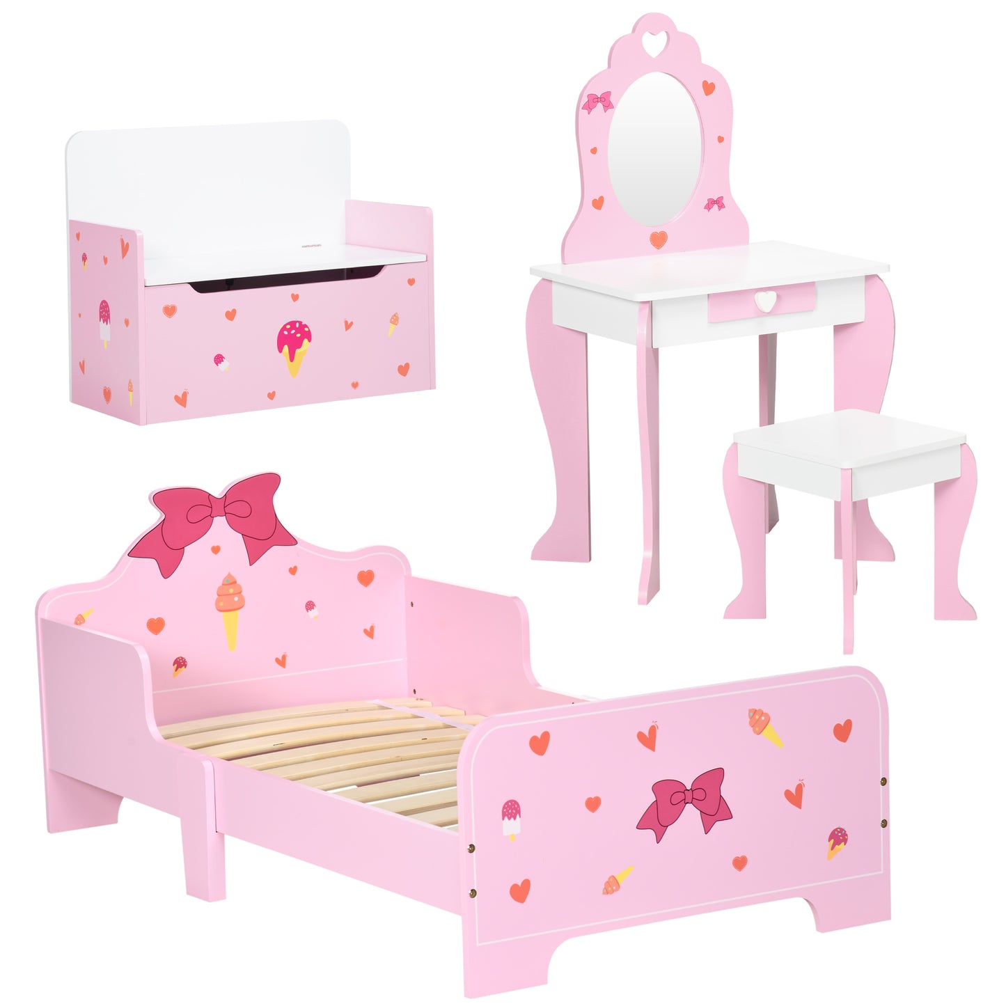 Photo of ZONEKIZ 4PCs Kids Bedroom Furniture Set with Bed, Toy Box Bench, Dressing Table and Stool, Princess Themed, for 3-6 Years Old, Pink in Pink colour on a white background