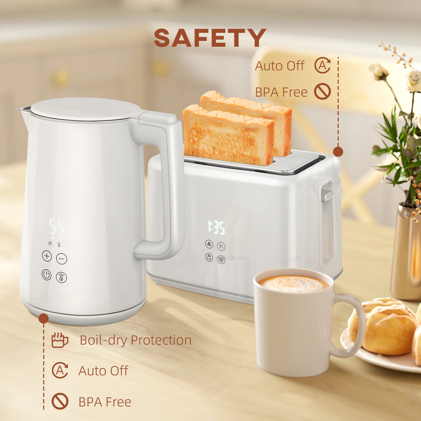 HOMCOM Polished Stainless Steel Kettle and Toaster Set - White