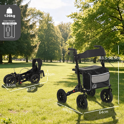 HOMCOM rollator walker shown folded and open with seat, storage bag and dimensions