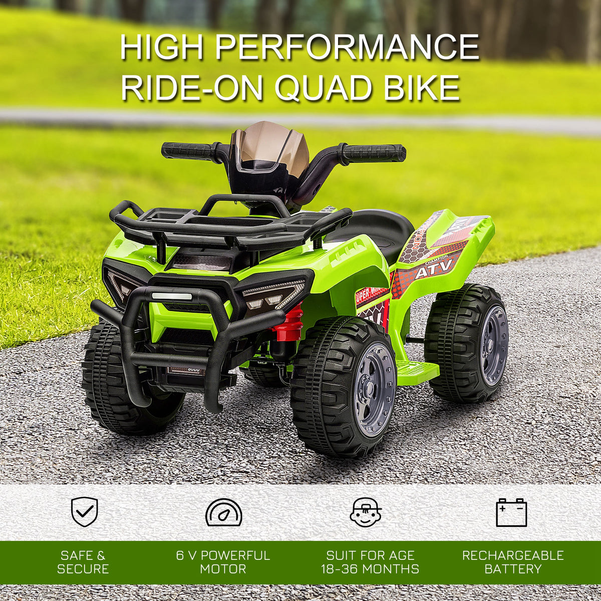 Green kids' electric quad bike with a front bumper, cargo rack, and four treaded tires.