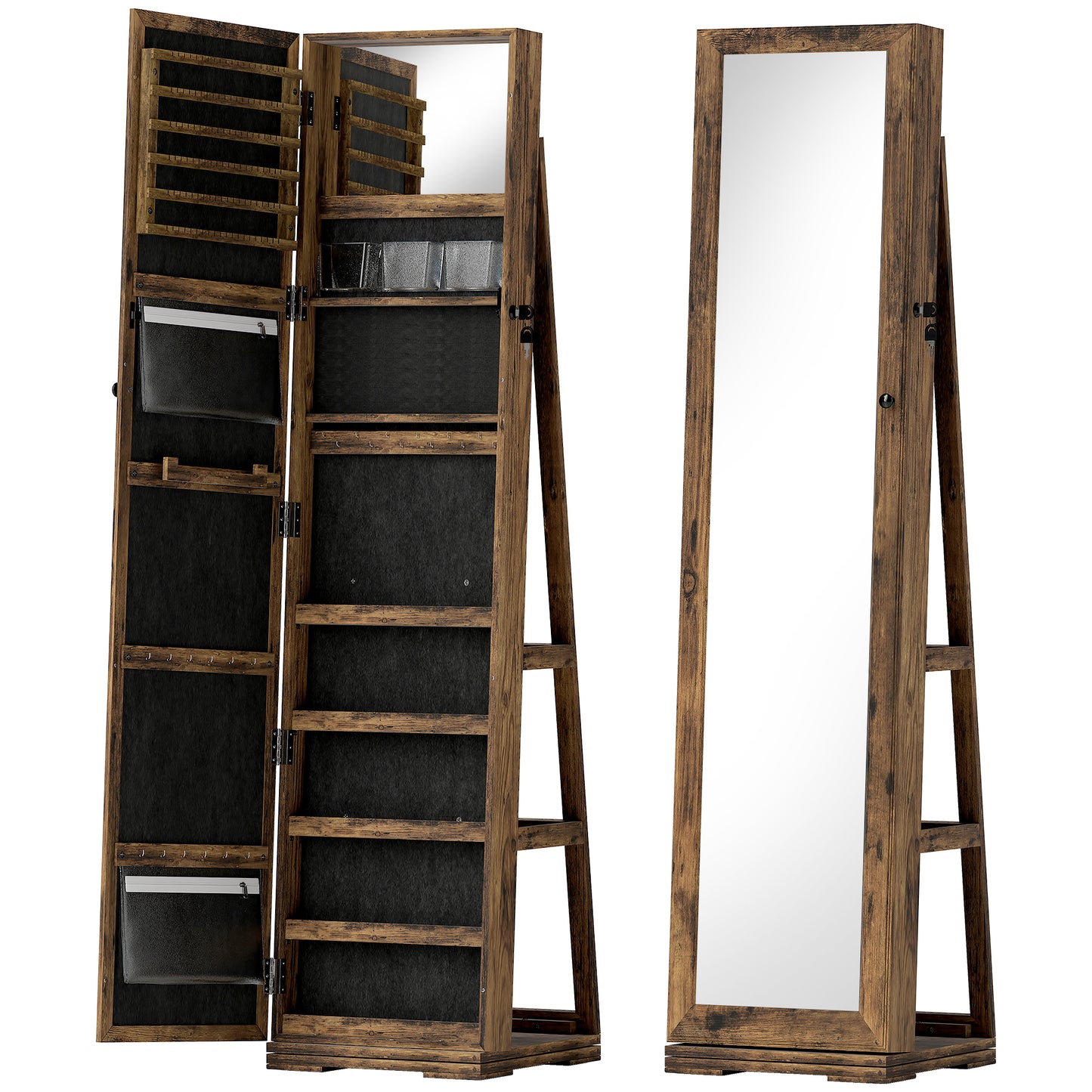Photo of HOMCOM 360° Swivel Jewellery Cabinet, Free Standing Full Length Mirror with Storage, Lockable Jewellery Organiser with Built-in Makeup Mirror and Storage Shelves for Bedroom, Rustic Brown in Brown colour on a white background
