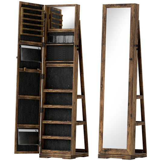Photo of HOMCOM 360° Swivel Jewellery Cabinet, Free Standing Full Length Mirror with Storage, Lockable Jewellery Organiser with Built-in Makeup Mirror and Storage Shelves for Bedroom, Rustic Brown in Brown colour on a white background