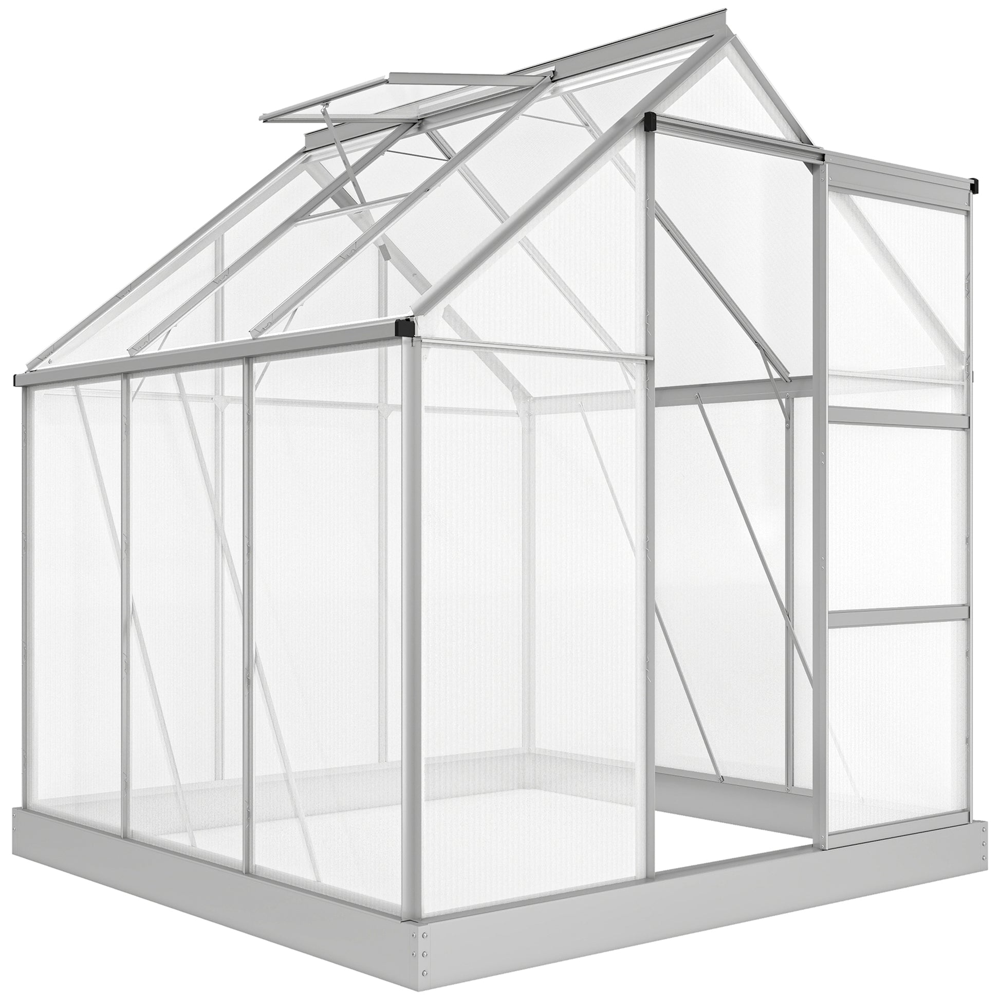 Photo of Outsunny 6 x 6ft Walk-In Greenhouse, Polycarbonate Greenhouse with Sliding Door, Window, Aluminium Frame, Foundation, Silver in Silver colour on a white background