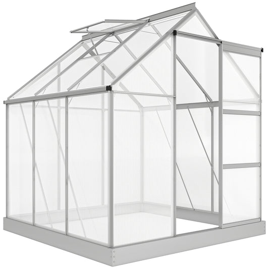 Photo of Outsunny 6 x 6ft Walk-In Greenhouse, Polycarbonate Greenhouse with Sliding Door, Window, Aluminium Frame, Foundation, Silver in Silver colour on a white background