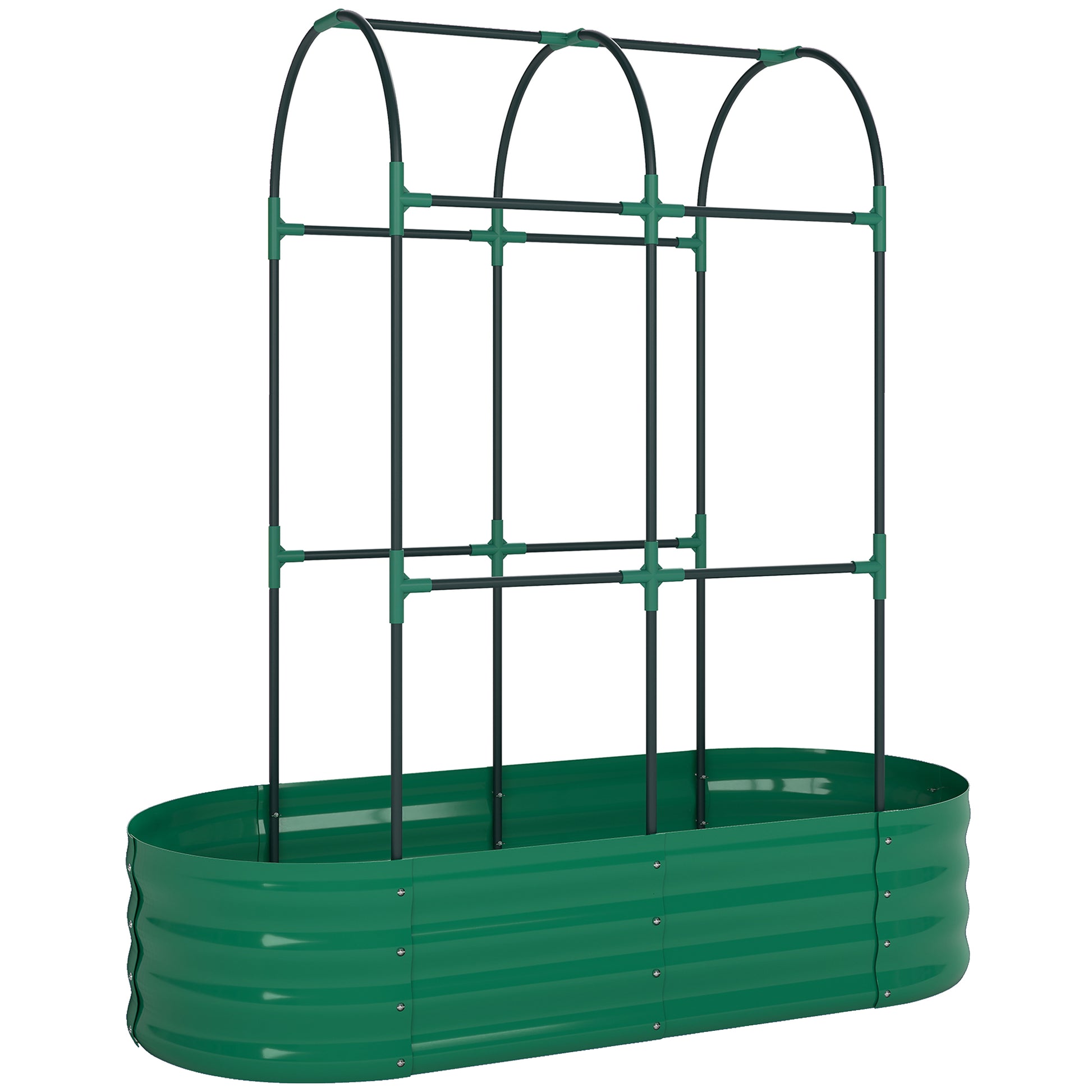 Photo of Outsunny Galvanised Raised Garden Bed with Arched Trellis, 4 x 2 x 4.6ft Metal Raised Bed for Garden with Open Bottom, Green in Green colour on a white background