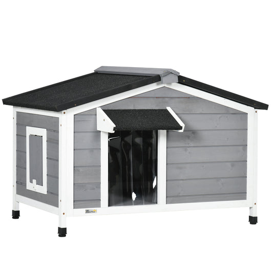Photo of PawHut Wooden Dog Kennel for Outside, for Medium Dogs, 65H x 97L x 72Wcm, Grey in Grey colour on a white background