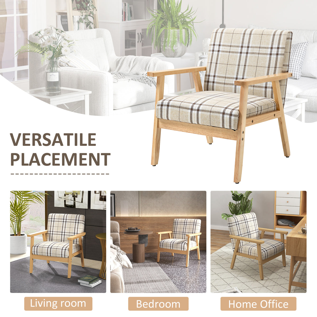 HOMCOM plaid armchair with wooden frame shown in different room settings