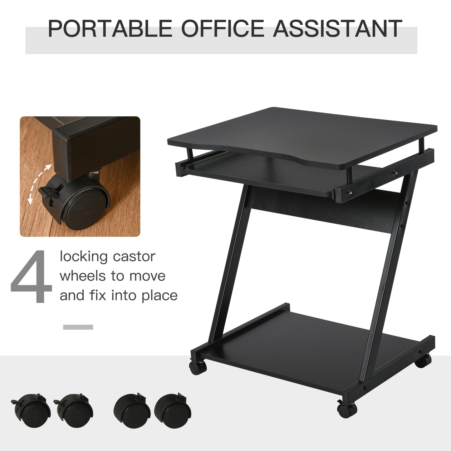 HOMCOM Movable Computer Desk with 4 Moving Wheels and Keyboard Tray Black
