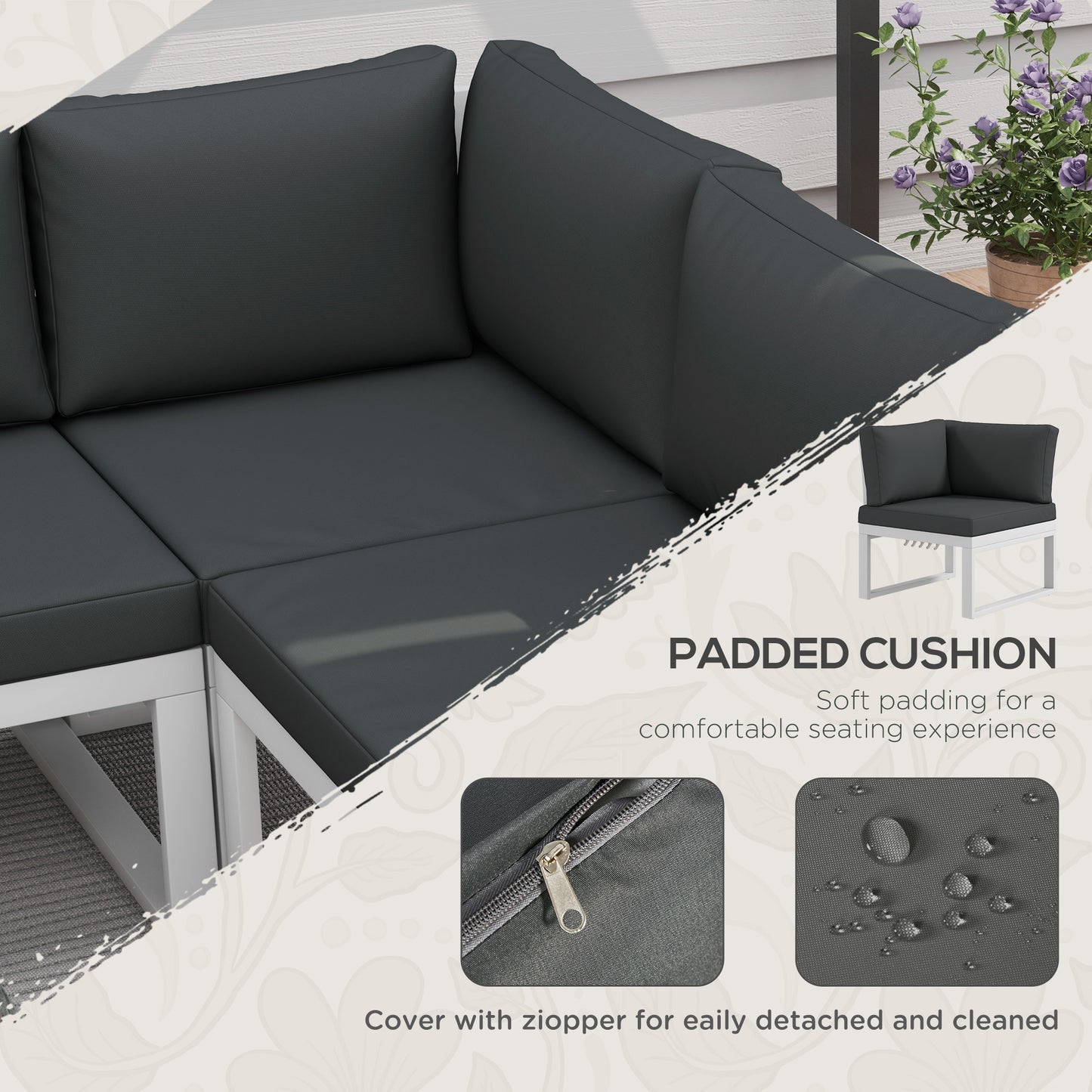 Outsunny 4 Pieces Garden Furniture Set, 5-Level Reclining Garden Corner Sofa Set, Outdoor Lounge Conversation Sectional with Cushions, Wood Effect Plastic Table, White Frame & Grey Cushion
