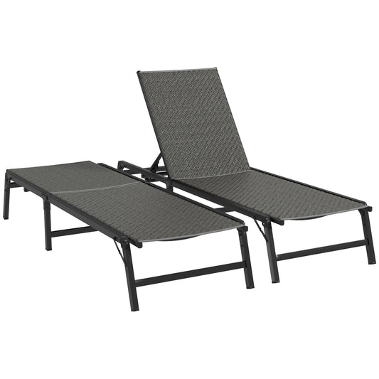 Photo of Outsunny Foldable Outdoor PE Rattan Sun Lounger Set of 2, Patio Wicker Recliners Lounge Chair w/ 5-Level Adjustable Backrest, for Poolside, Garden, Grey in Grey colour on a white background