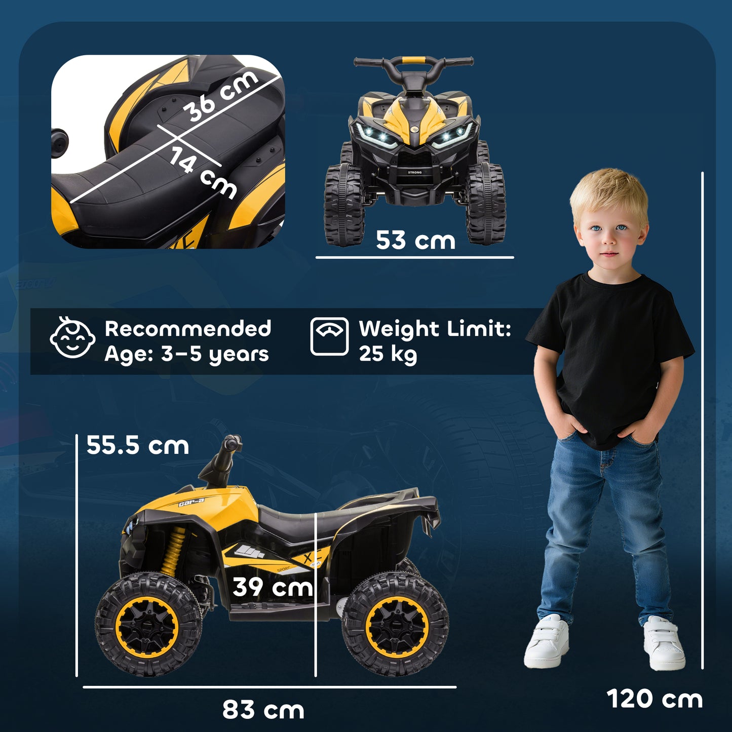 HOMCOM 12V Ride-On Quad Bike w/ Music, Horn, for Ages 3+ Years - Yellow