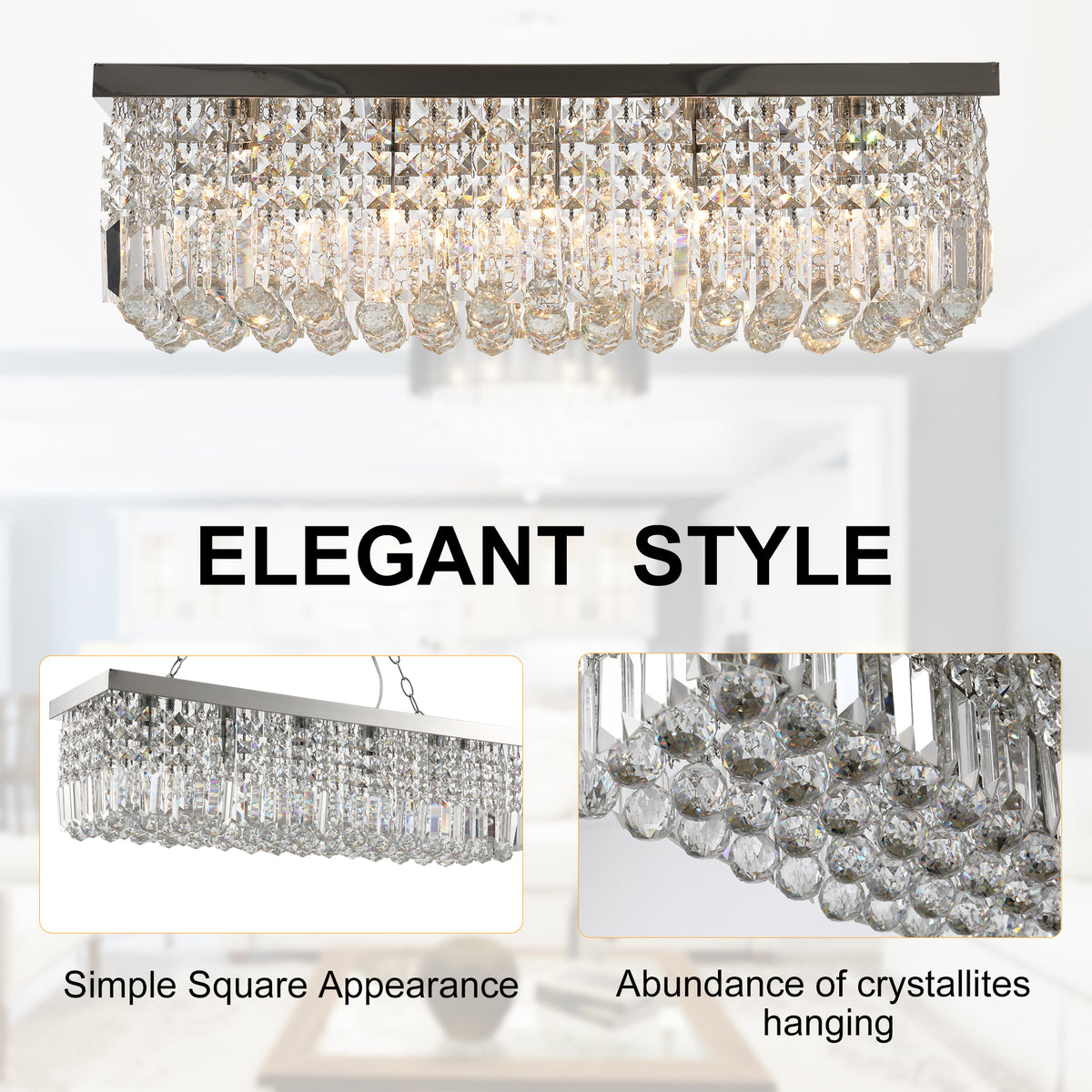 HOMCOM Modern Crystal Ceiling Light Square Crystal Chandelier for Living Room, Dining Room, Hall, 5 x E14 Lamp Holders, Silver, 80 x 25 x 23cm