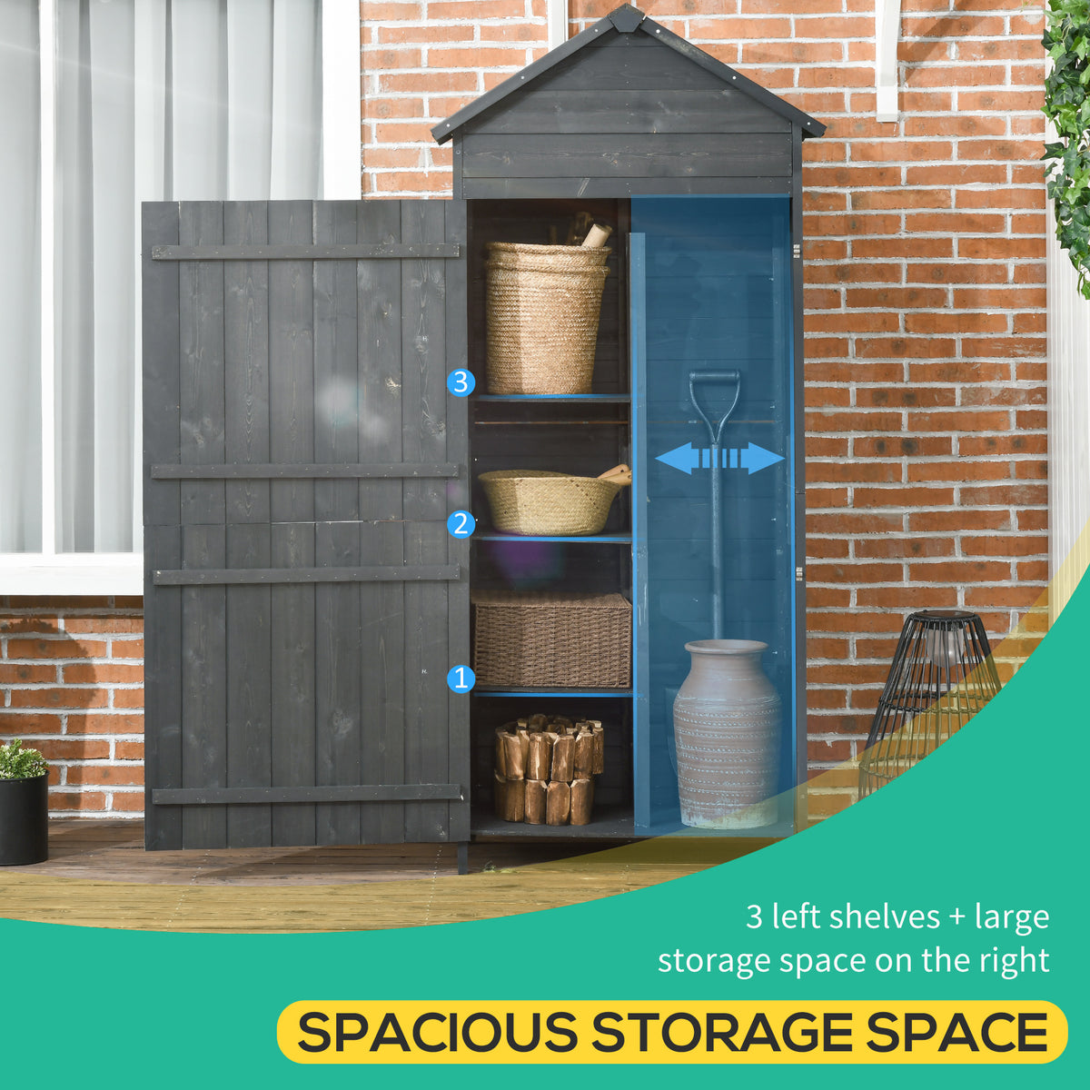 Outsunny gray wooden shed with three shelves on the left and a large storage area on the right