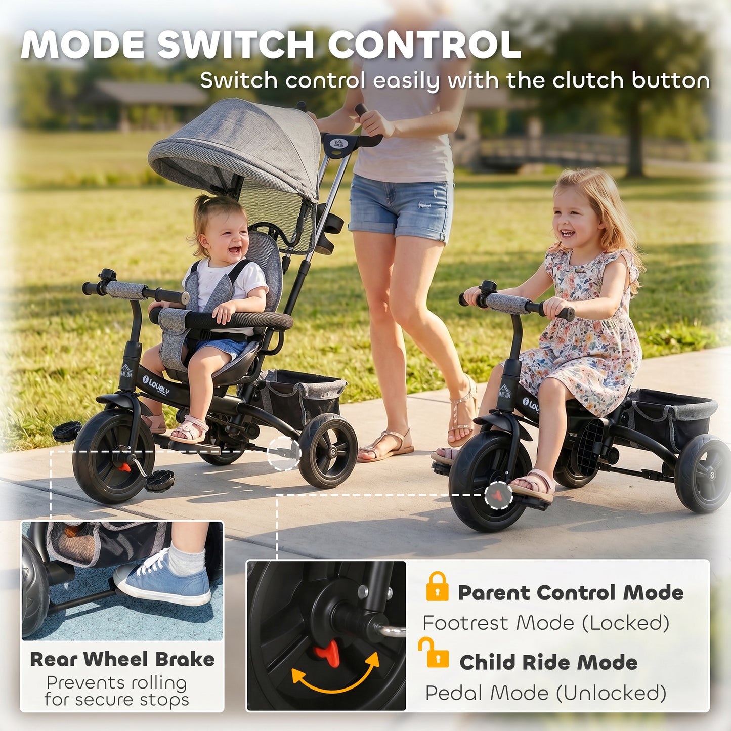 HOMCOM 6 in 1 Kids Trike Push Bike w/ Push Handle, Canopy, 5-point Seat Belt, Storage, Footrest, Brake, for 1-5 Years, Grey