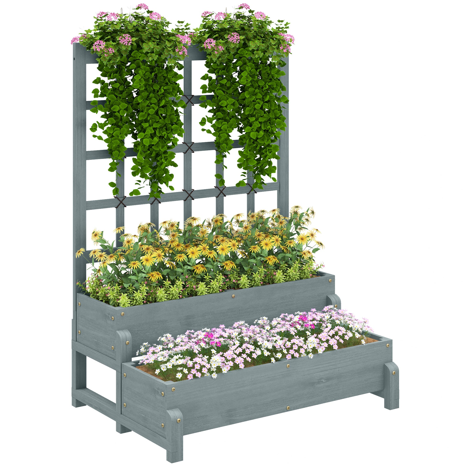 Photo of Outsunny 2-Tier Raised Garden Bed with Trellis, Wooden Elevated Planter Box with Drainage Holes, Outdoor Raised Planter for Climbing Plants, Fruits, Vegetables, Flowers, Grey in Grey colour on a white background
