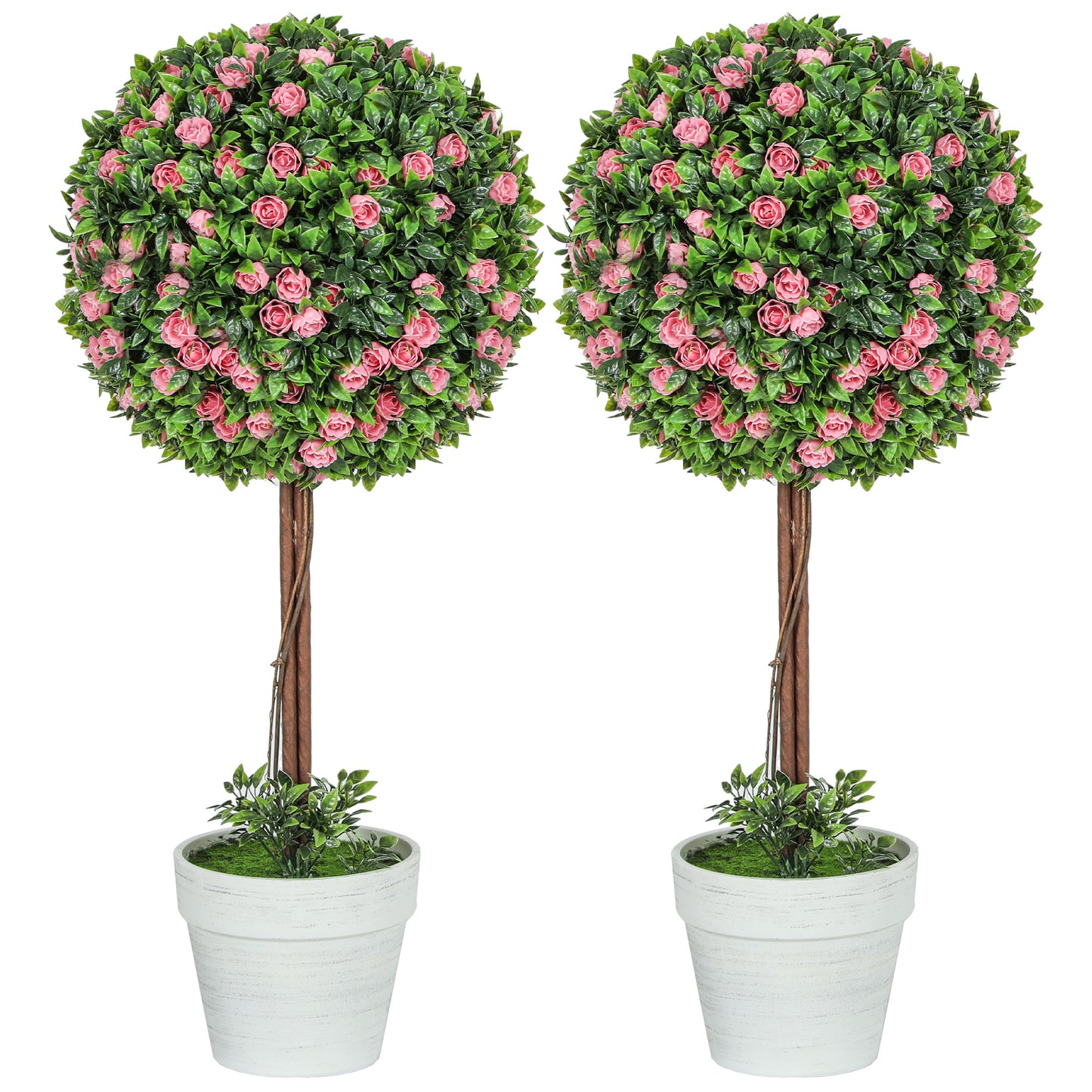 Photo of HOMCOM Set of 2 Decorative Artificial Plants, Ball Topiary Tree with Rose Flower in Pot, Fake Plants for Home Indoor Outdoor Decor, 60cm, Pink in Pink colour on a white background