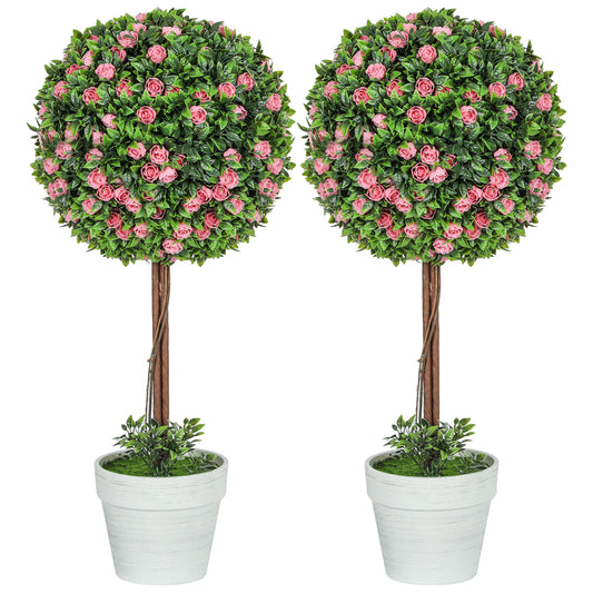 Photo of HOMCOM Set of 2 Decorative Artificial Plants, Ball Topiary Tree with Rose Flower in Pot, Fake Plants for Home Indoor Outdoor Decor, 60cm, Pink in Pink colour on a white background