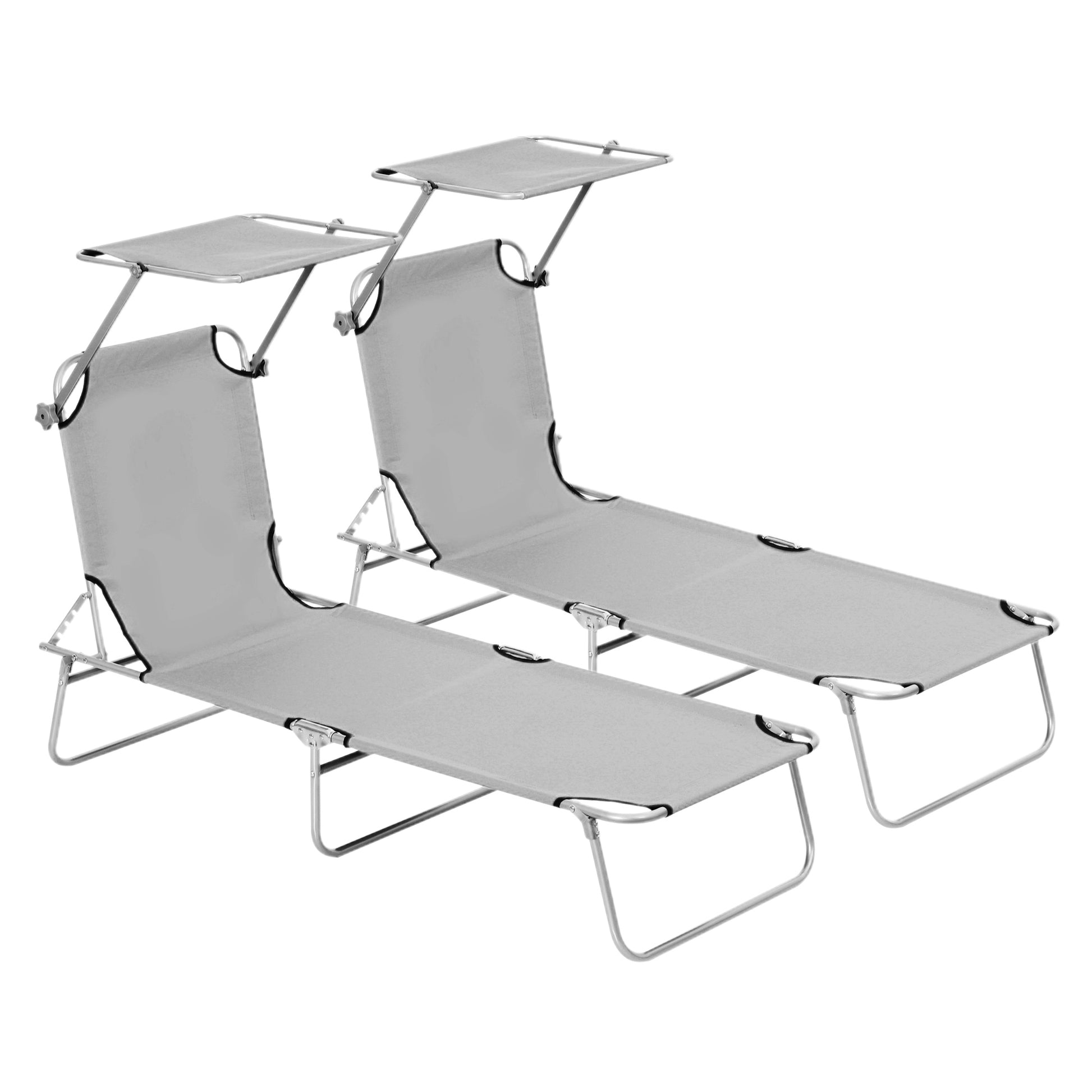 Photo of Outsunny 2 Pieces Outdoor Foldable Sun Lounger, 4 Level Adjustable Backrest Reclining Sun Lounger Chair with Angle Adjust Sun Shade Awning for Beach, Garden, Patio, Light Grey in Grey colour on a white background