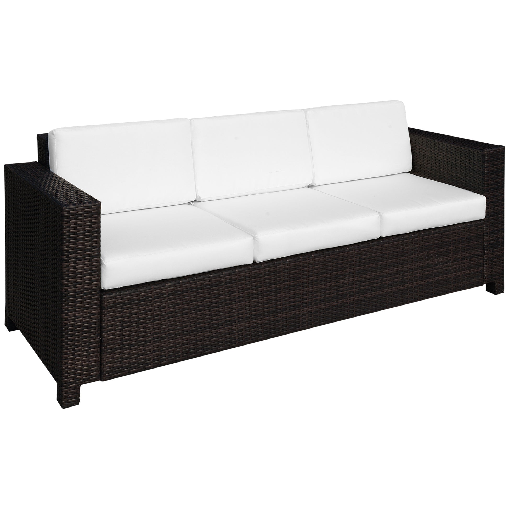 Photo of Outsunny 3 Seater Rattan Sofa, All-Weather Wicker Weave Metal Frame Chair with Fire Resistant Cushion, Brown in Brown colour on a white background