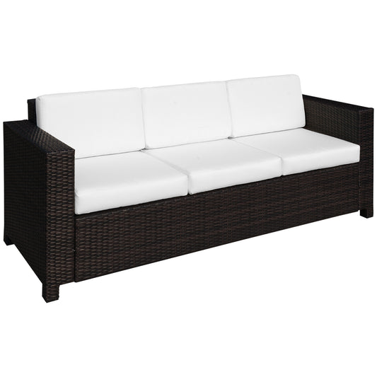 Photo of Outsunny 3 Seater Rattan Sofa, All-Weather Wicker Weave Metal Frame Chair with Fire Resistant Cushion, Brown in Brown colour on a white background