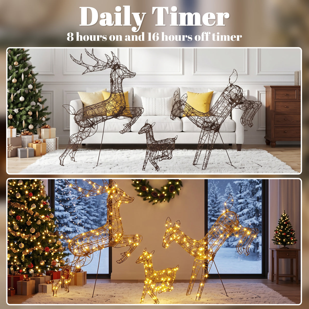 Outsunny 3-Piece Light Up Deer Family Set of 3, Lighted Reindeer Christmas Decorations Outdoor with 200 LED Lights, Brown