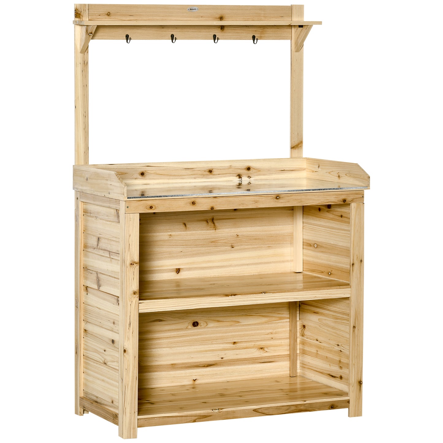 Photo of Outsunny Garden Potting Bench Table, Wooden Workstation Bench w/ Galvanized Metal Tabletop, Storage Shelves and Hooks, Natural in Natural colour on a white background