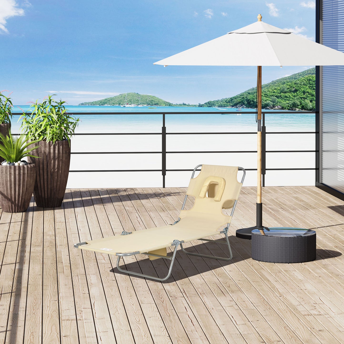 Outsunny Foldable Sun Lounger, Beach Chaise Lounge with Reading Hole, Arm Slots, 5-Position Adjustable Backrest, Side Pocket, Pillow for Garden, Beach, Camping, Beige