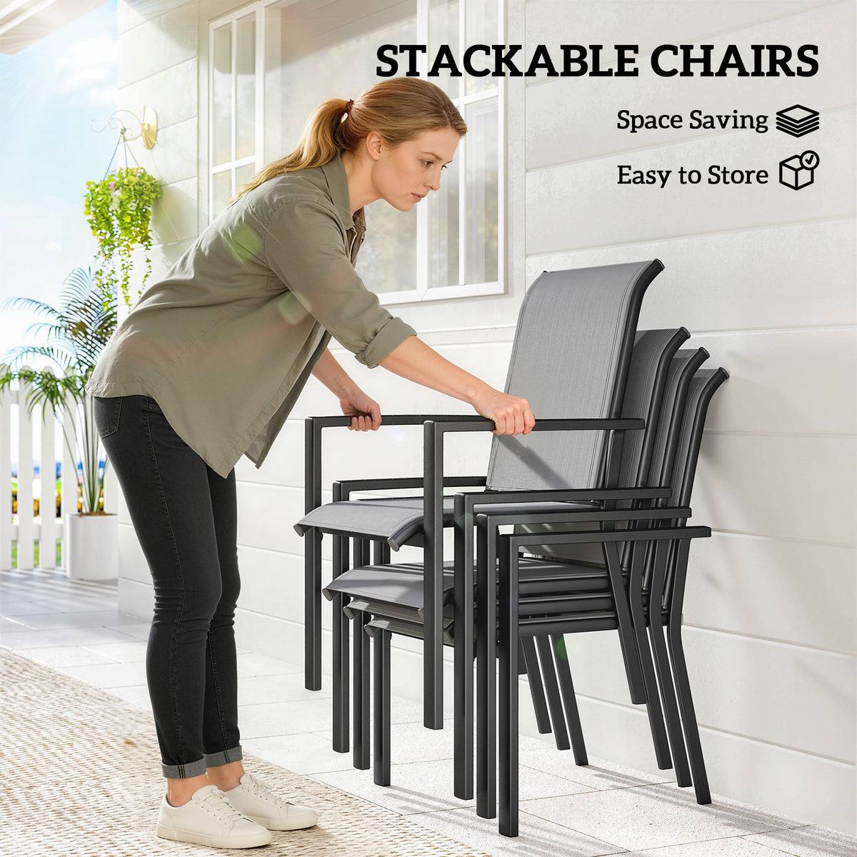 Outsunny 5 Pieces Outdoor Dining Set for 4, Garden Table and Stackable Chairs with Breathable Mesh Seat and Parasol Hole, Grey