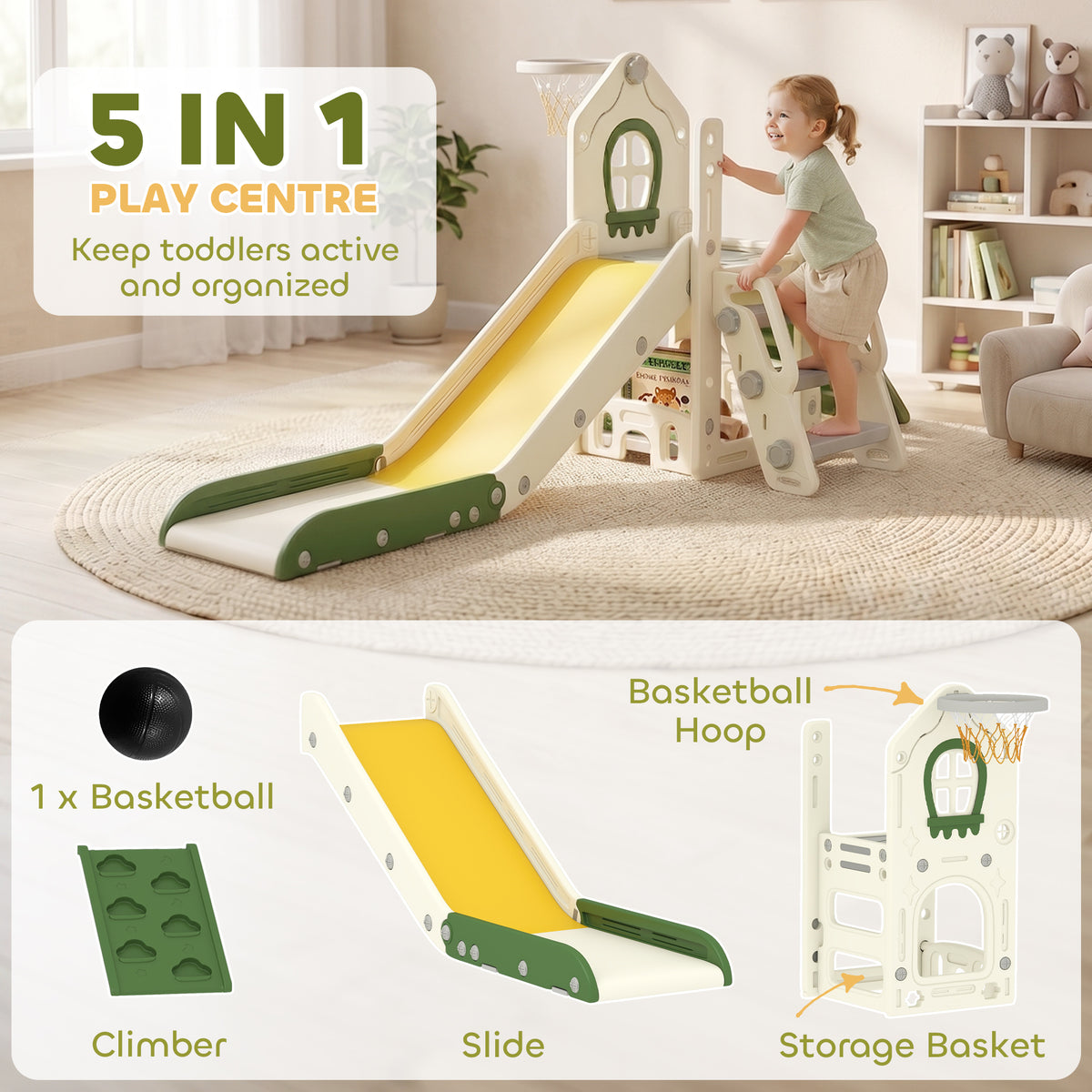 AIYAPLAY Foldable 5 in 1 Toddler Slide with Ladder, Climbing Wall, Basketball Hoop, Storage and Basketball for 1-3 Years, Cream