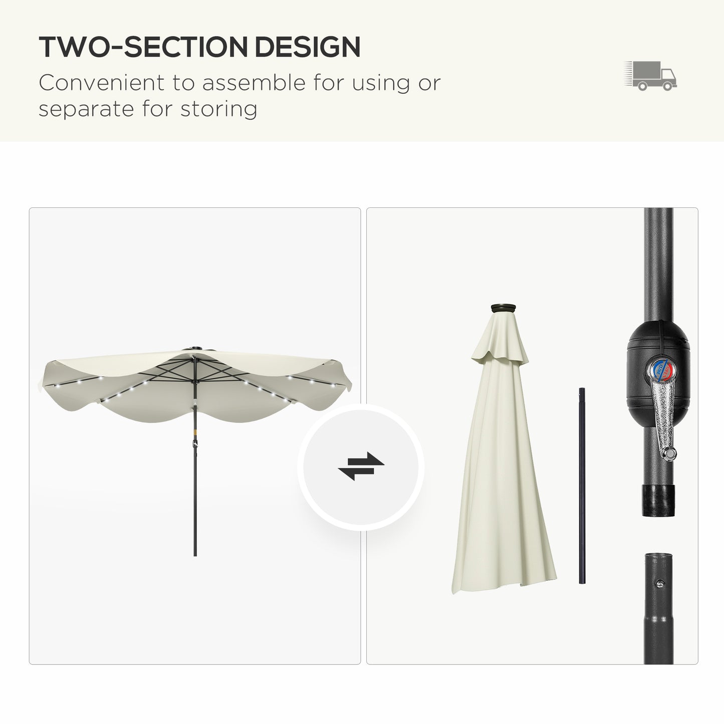 Outsunny Solar Patio Umbrella with LED and Tilt, Outdoor Market Table Umbrella Parasol with Crank, 3 x 3 (m), Cream White