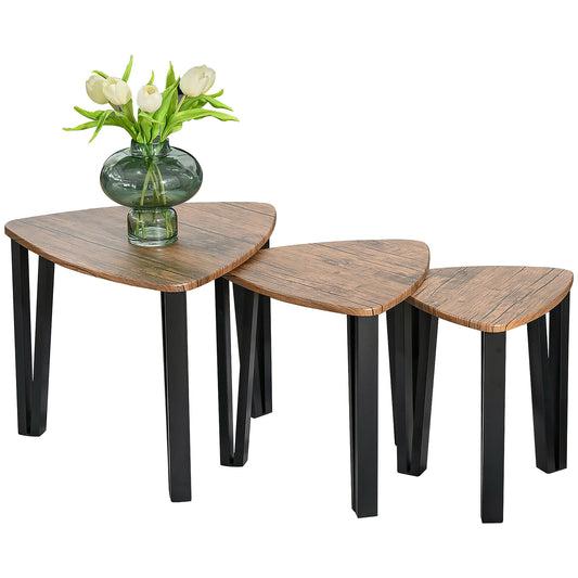 Photo of HOMCOM Nest of Tables, Coffee Table Set of 3, Triangle Nesting Tables with Metal Legs, Industrial End Side Table for Living Room, Walnut Wood Grain in Grain colour on a white background