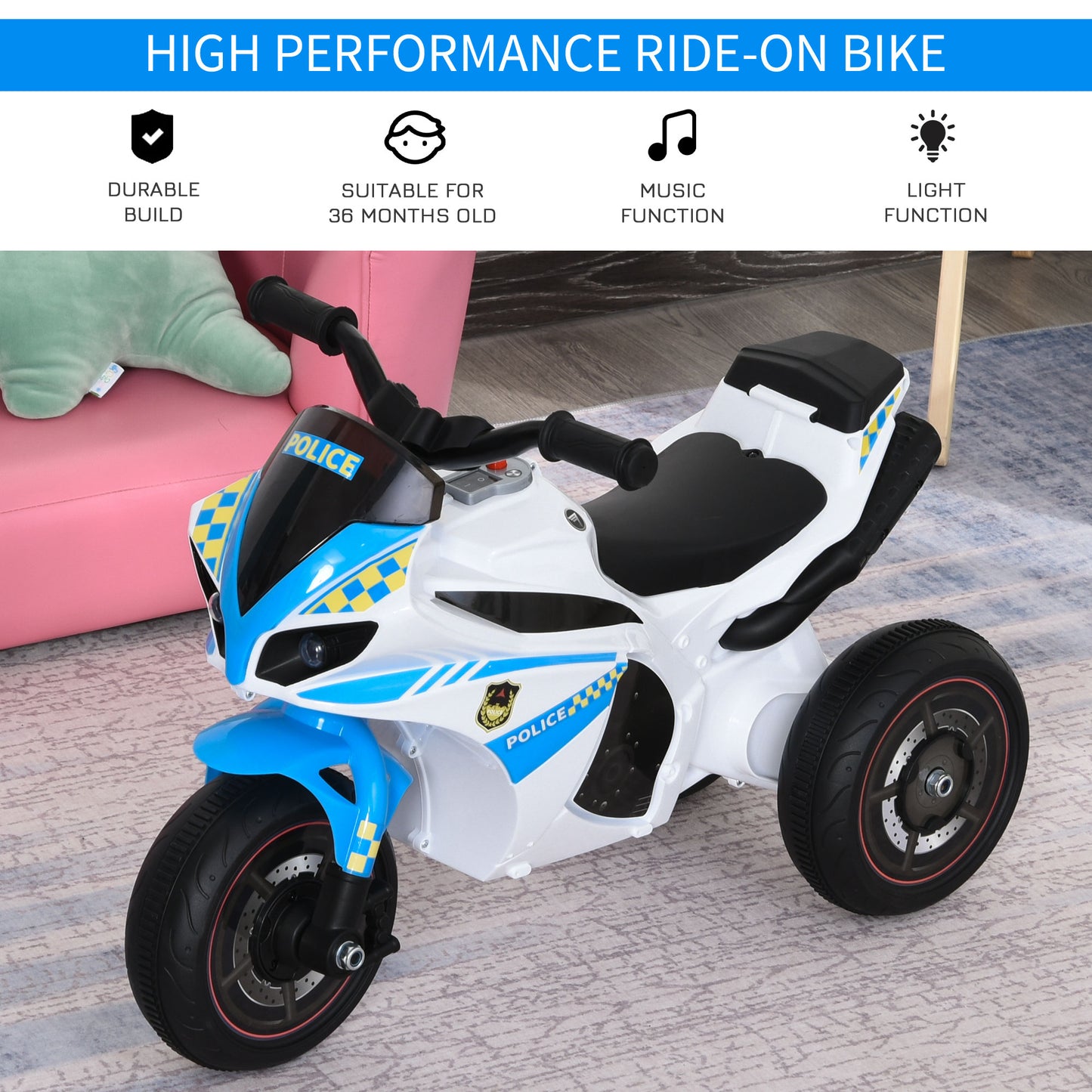 HOMCOM Kids Ride-On Police Bike 3-Wheel Vehicle w/ Music Lights Seat Handlebars Toddler NO POWER Child Learning Fun Development 18-36 Months Blue