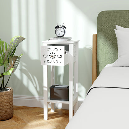 White floral cut-out bedside table with drawer and lower shelf