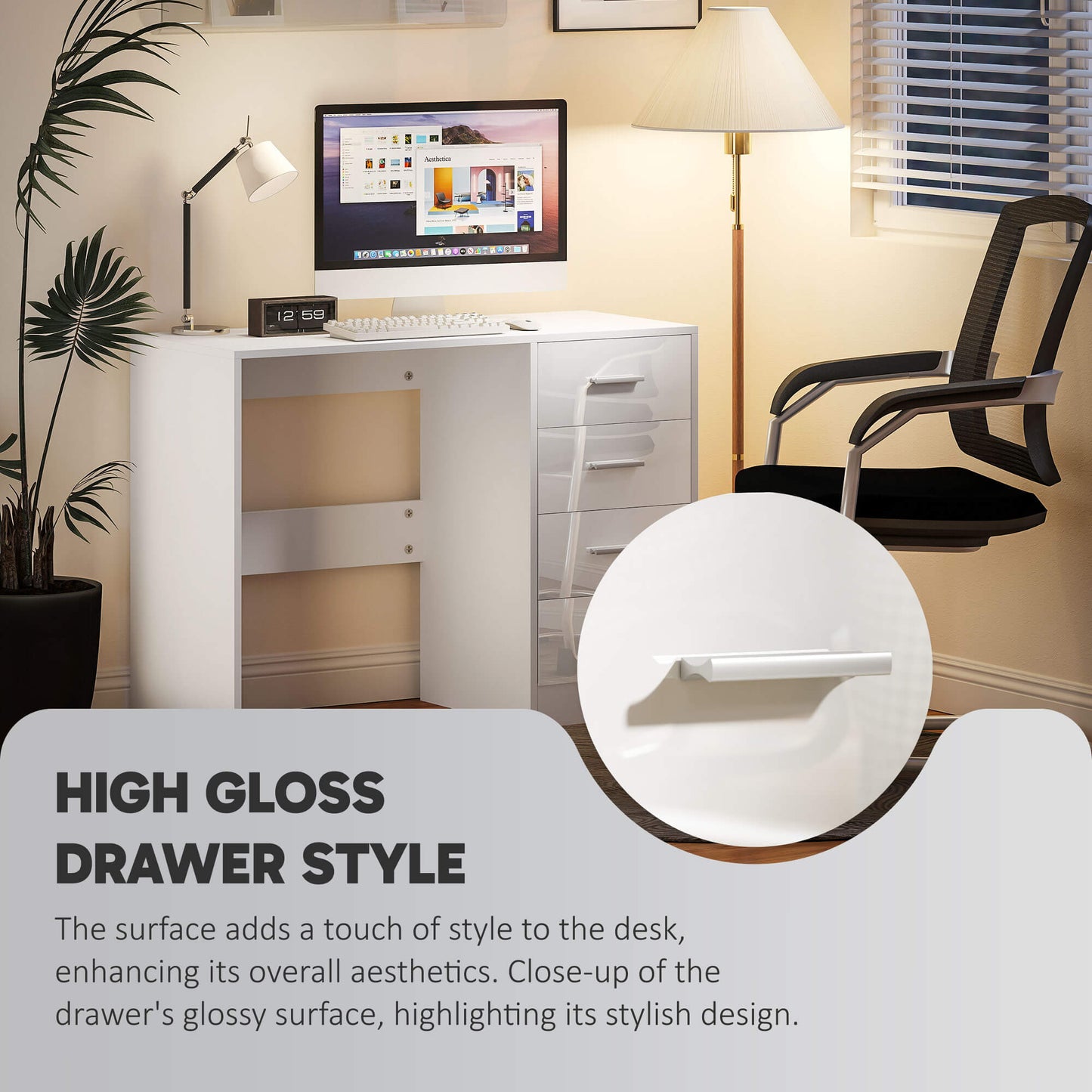 HOMCOM Computer Desk with Drawers, Dressing Table, High Gloss Home Office Writing Workstation, White