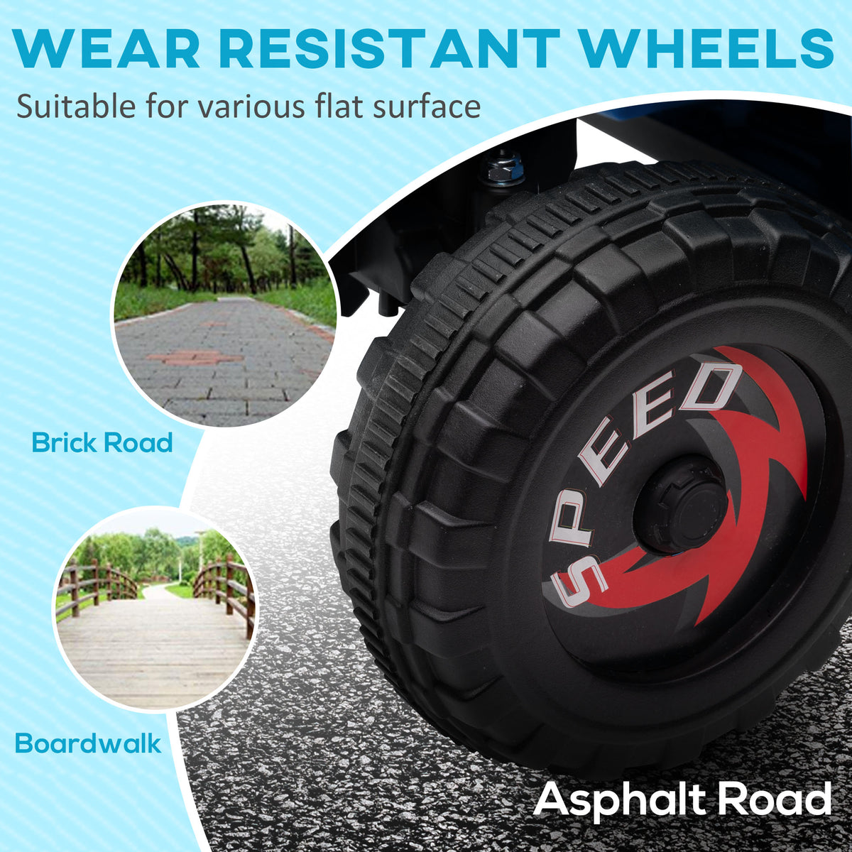 Close-up of the quad bike's chunky black treaded wheel with red and white hub graphics.