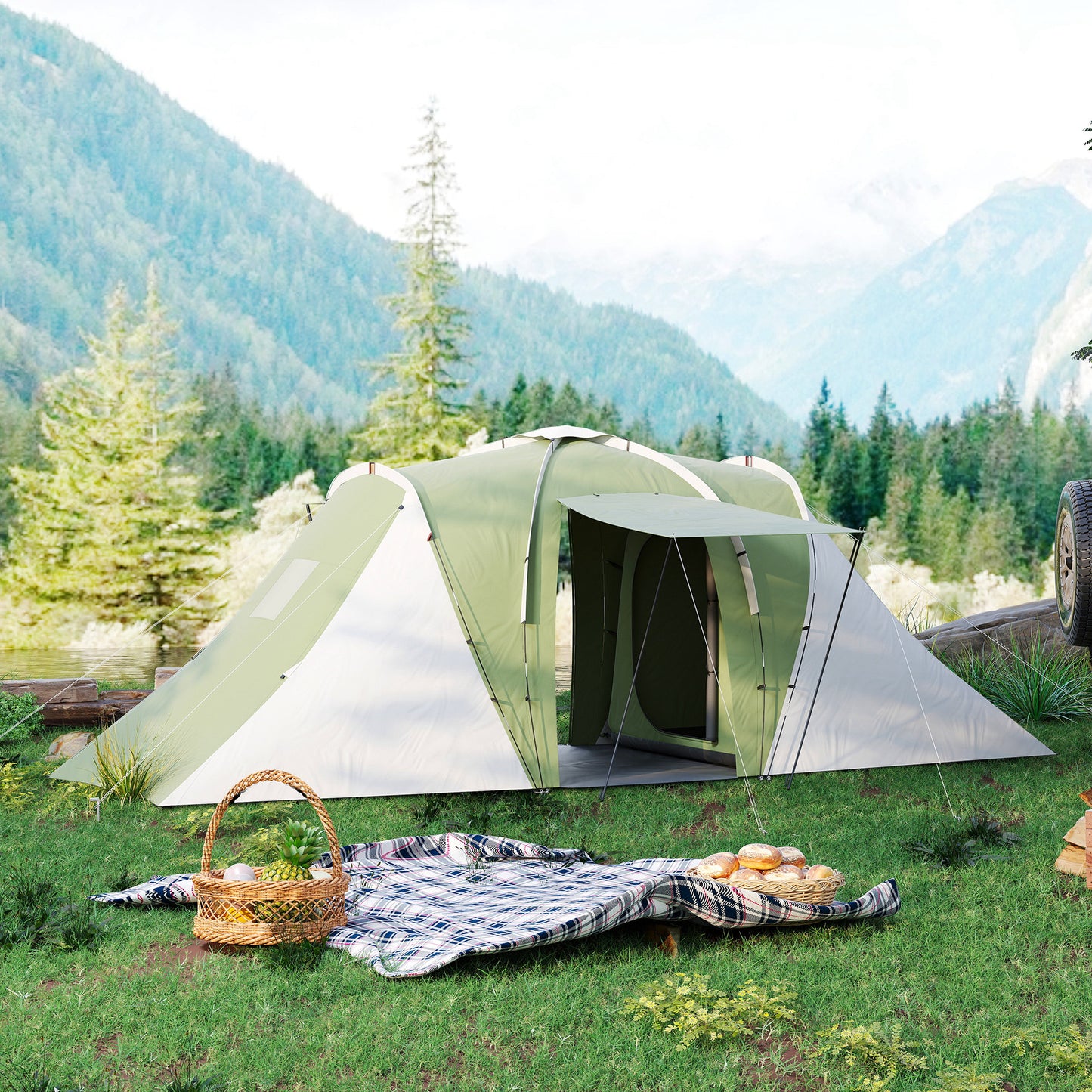 Outsunny Large Camping Tent Tunnel Tent with 2 Bedroom and Living Area, 2000mm Waterproof, Portable with Bag for 4-6 Man, Green