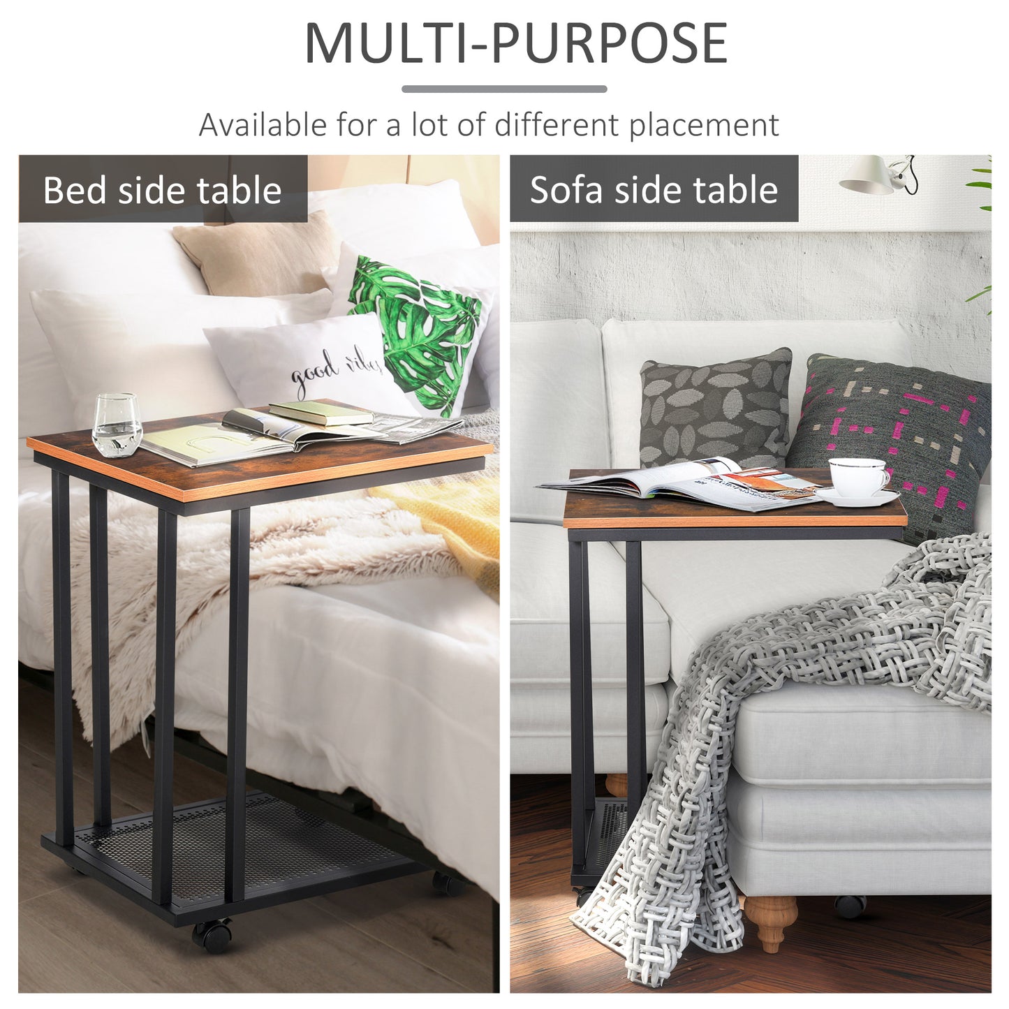 HOMCOM C Shaped Side Table Set of 2 with Wheels, Mobile End Table, Laptop Stand with Metal Frame and Storage Shelf, Rustic Brown