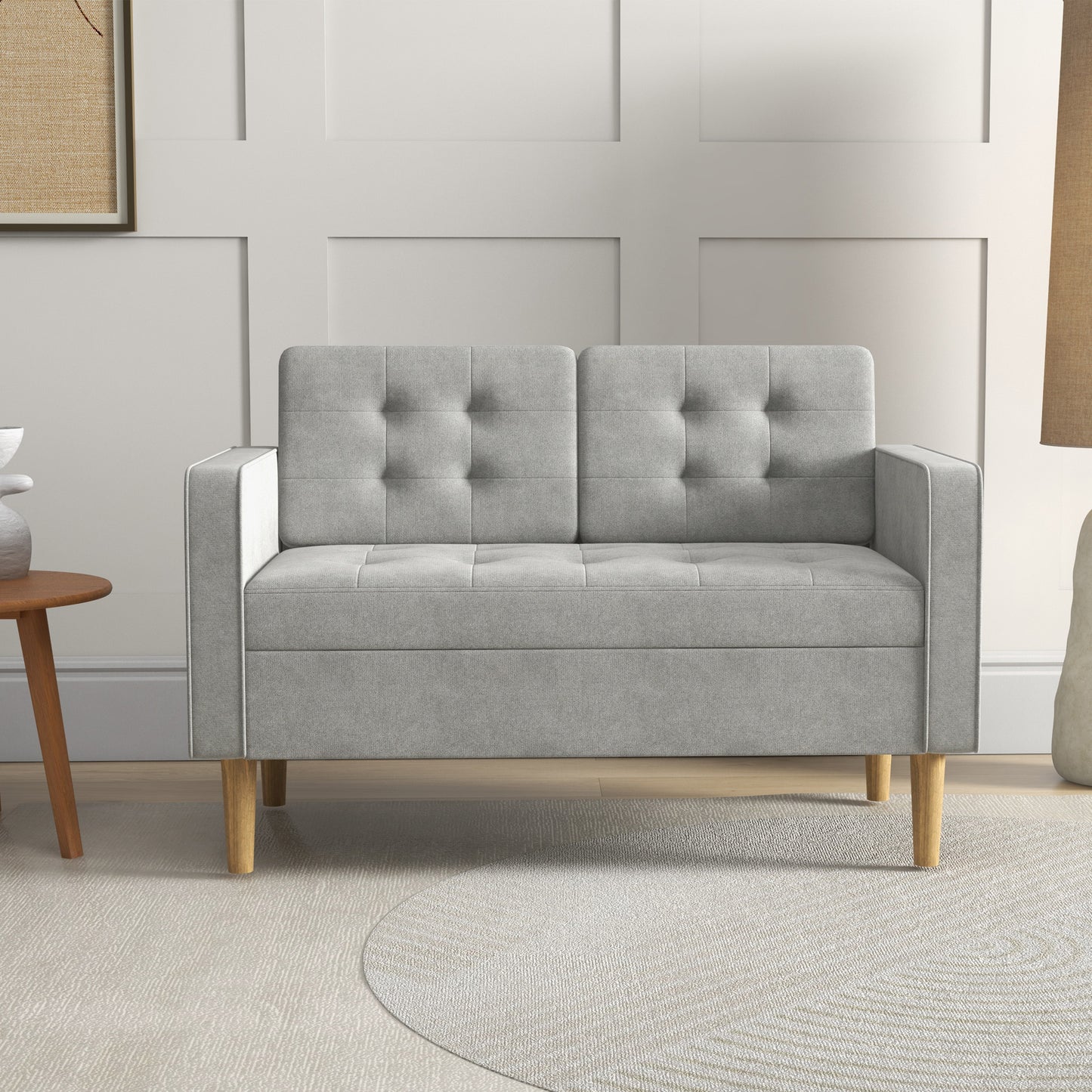 HOMCOM 2 Seater Storage Sofa, Fabric Couch with Hidden Under Seat Storage, Thick Cushions, Compact Space Saving Settee with Rubberwood Legs for Living Room, Apartment, Light Grey