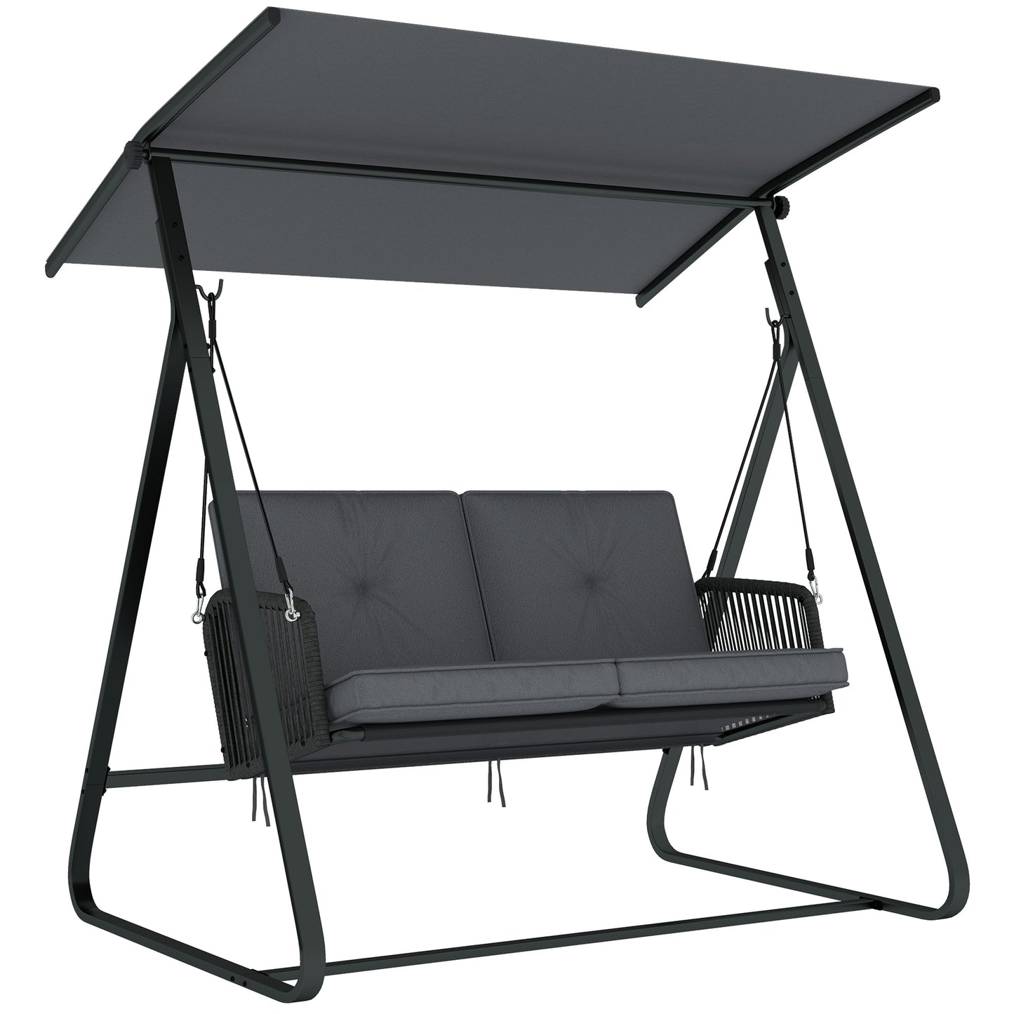 Photo of Outsunny 2-Seater Rattan Swing Chair, Outdoor Garden Hanging Swing Seat with Stand, Adjustable Canopy and Soft Cushions in Cushions colour on a white background