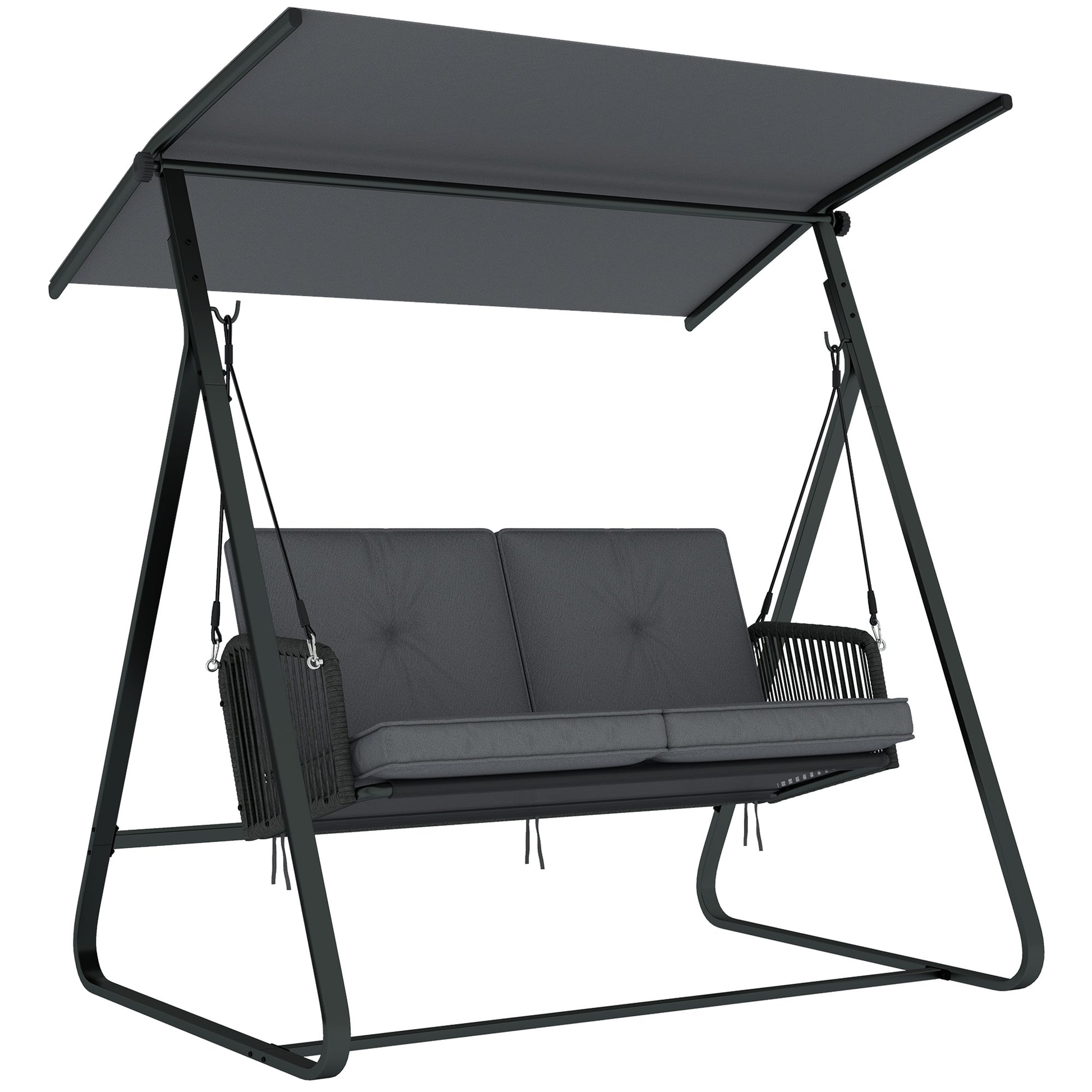 Photo of Outsunny 2-Seater Rattan Swing Chair, Outdoor Garden Hanging Swing Seat with Stand, Adjustable Canopy and Soft Cushions in Cushions colour on a white background