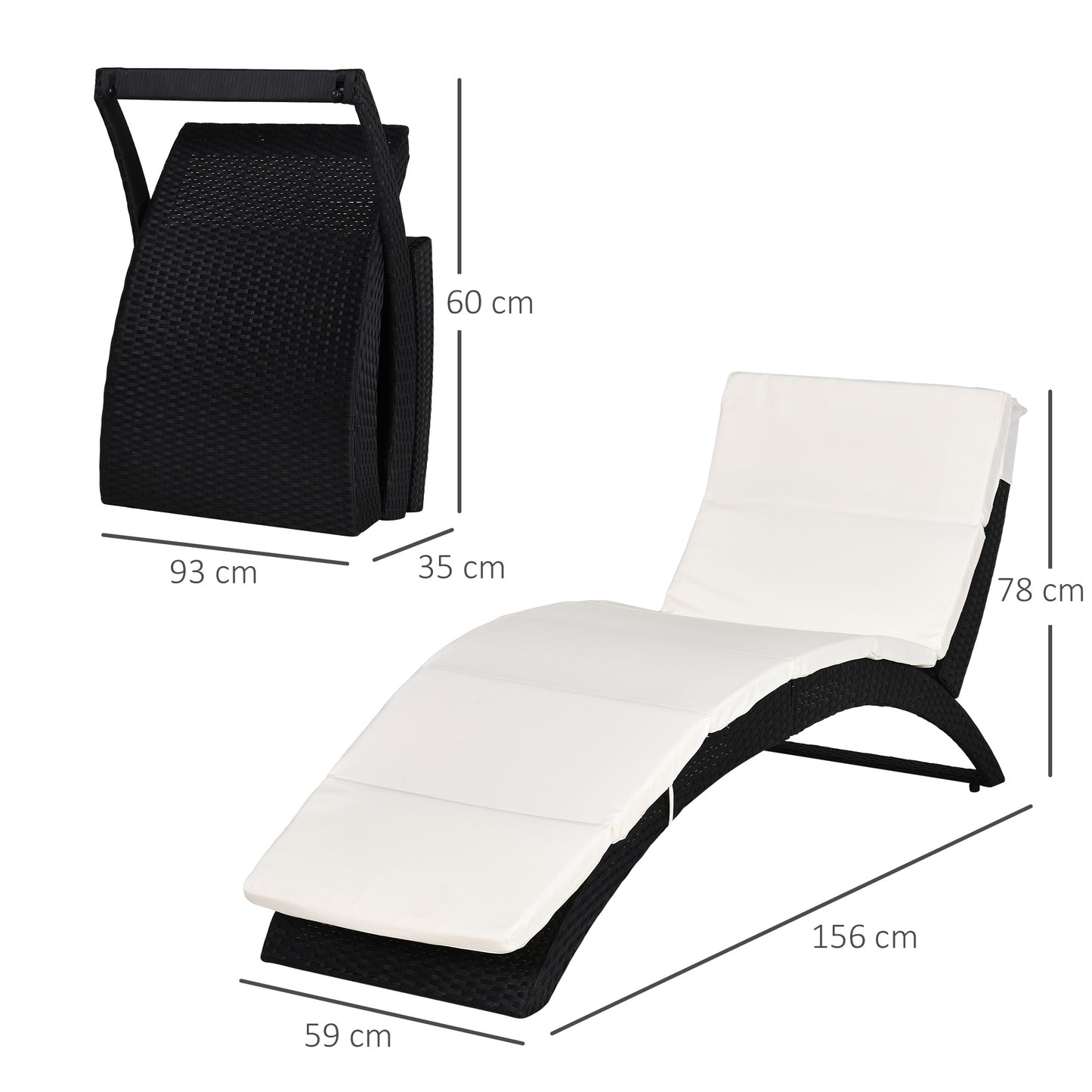 Outsunny Folding Sun Lounger, PE Rattan Garden Lounger Chair with Soft Padded Cushion, Ergonomic Curved Design Sun Bed for Balcony, Garden, Black