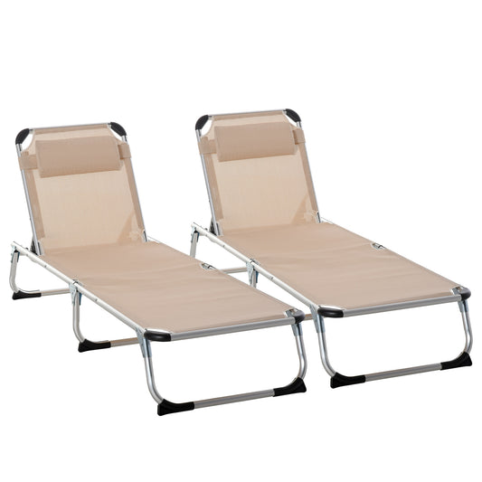 Photo of Outsunny Foldable Outdoor Sun Loungers Set of 2, Reclining Lounge Chair Camping Bed Cot with Pillow 4-Level Adjustable Back Aluminium Frame, Khaki in Khaki colour on a white background