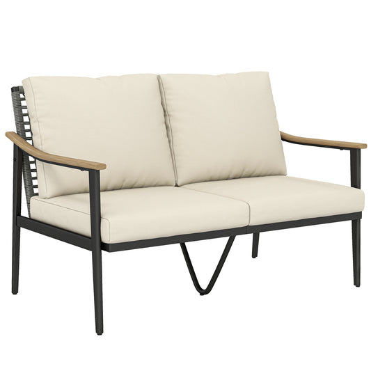 Photo of Outsunny 2 Seater Rattan Sofa, Outdoor Garden Sofa with Wood-Effect Armrests, Cushions for Patio, Balcony, Khaki in Khaki colour on a white background