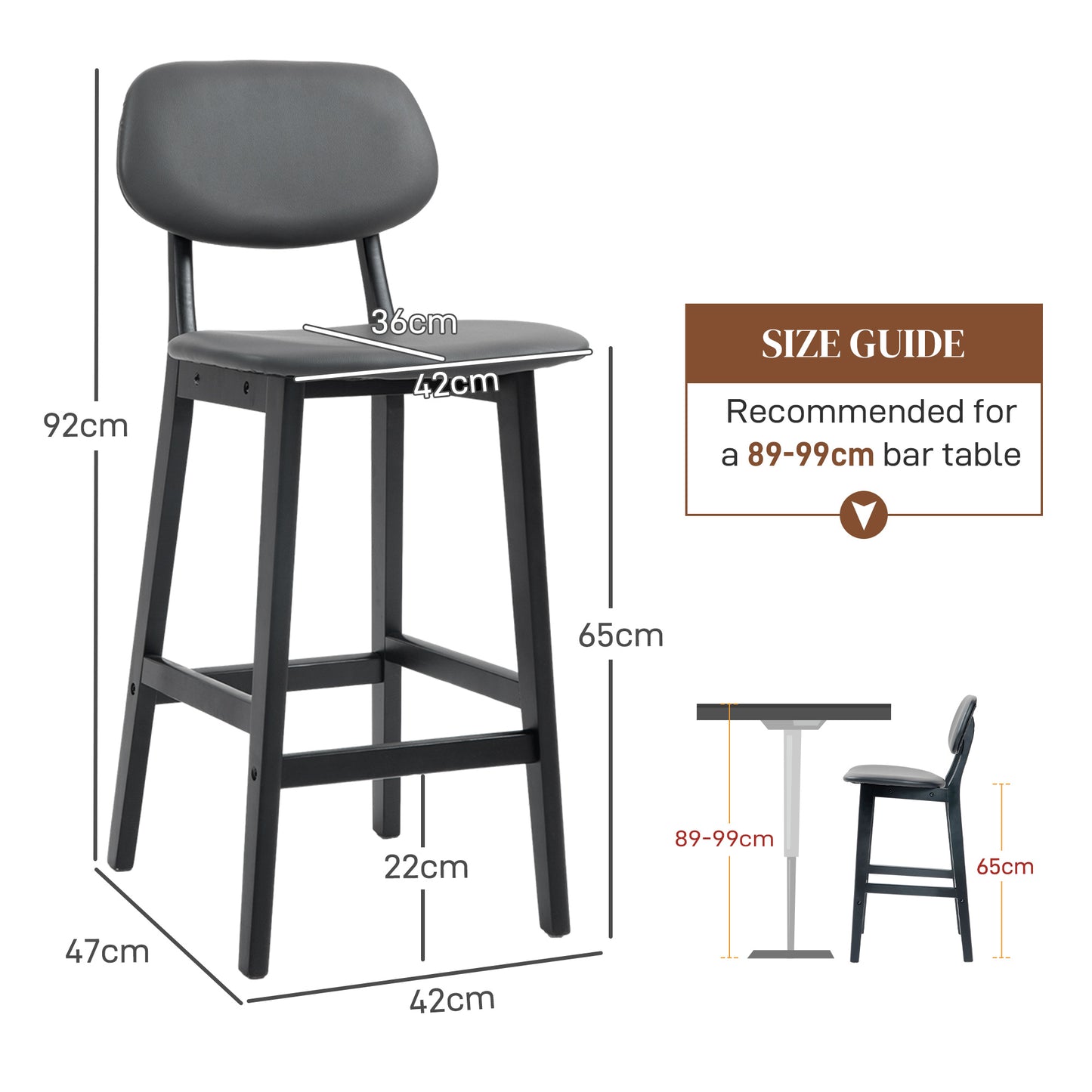 HOMCOM Bar Stools Set of 2, Breakfast Bar Chairs, PU Leather Upholstered Kitchen Stools with Backs, Footrests and Solid Wood Legs, Dark Grey