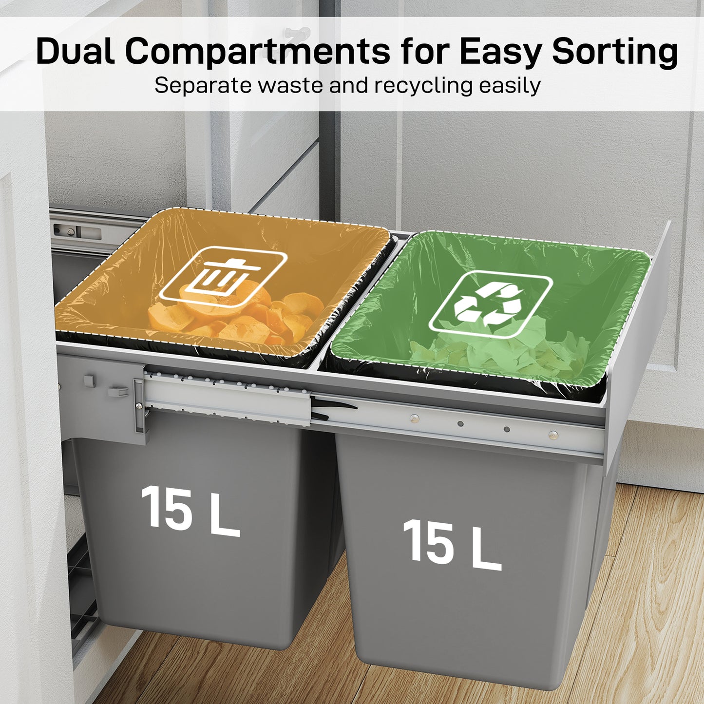 HOMCOM Pull Out Bin, Under Sink Bin - 2 Removable Compartments (15L Each) for 400mm Cabinets, Light Grey