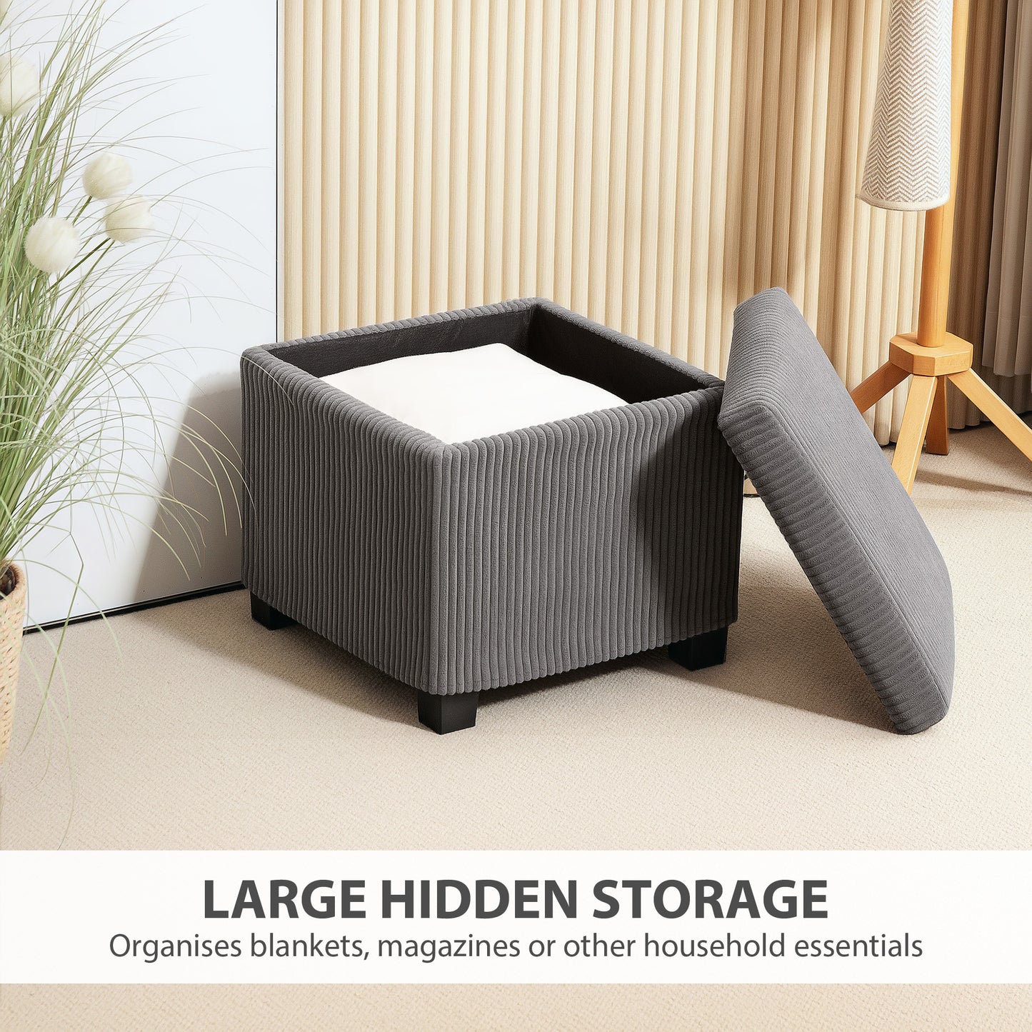 HOMCOM Storage Ottoman Bench, Corduroy Storage Chest Box with Wooden Legs, 40cm Bed End Bench for Living Room, Bedroom, Entryway, Grey