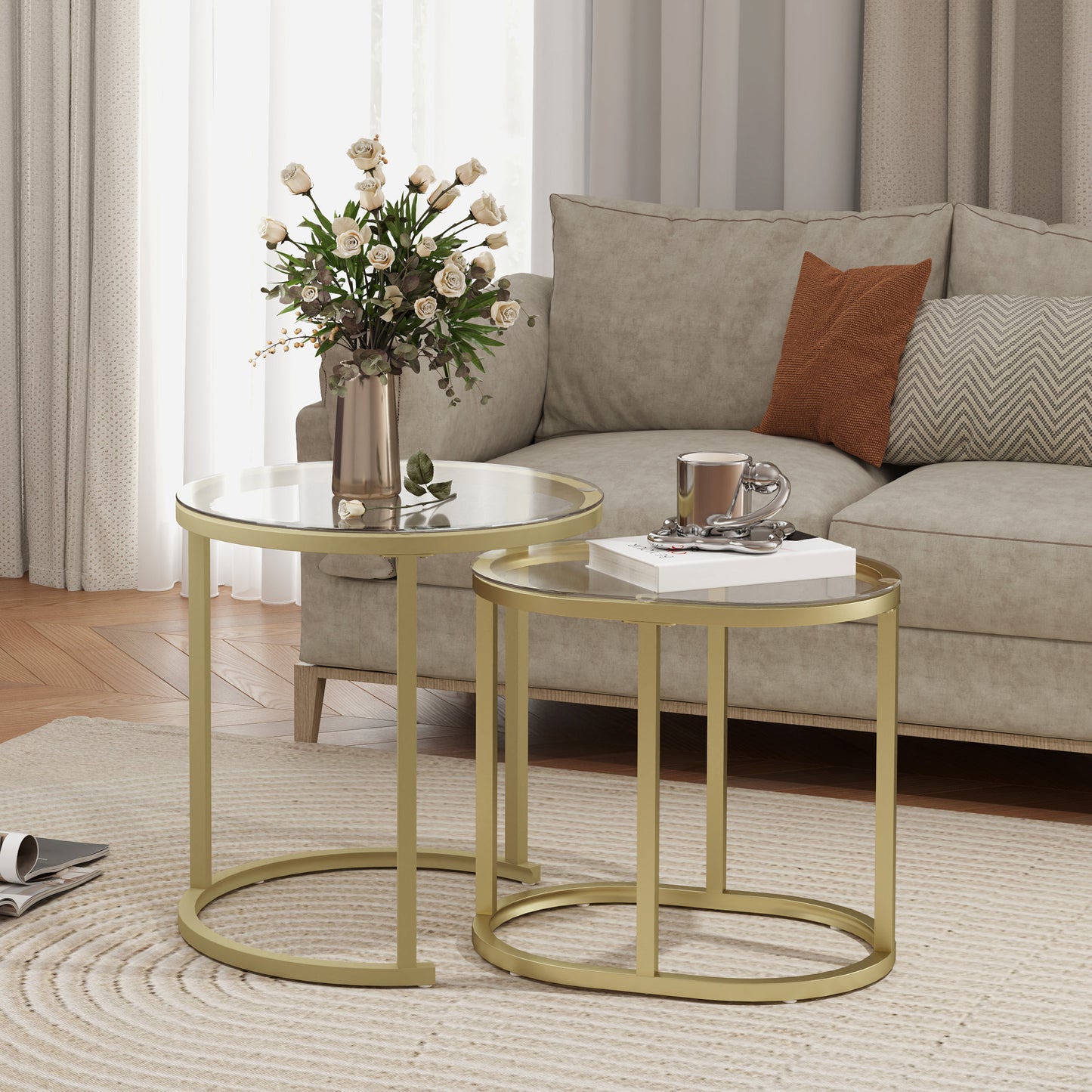 HOMCOM Nest of Tables with Steel Frame and Tempered Glass Tabletop, Modern Coffee Table Set of 2, Clear
