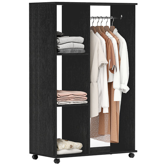 Photo of HOMCOM Open Wardrobe on Wheels, Bedroom Wardrobe with Clothes Hanging Rail, 3 Storage Shelves, Mobile Garment Rack for Cloakroom, Hallway, Black in Black colour on a white background