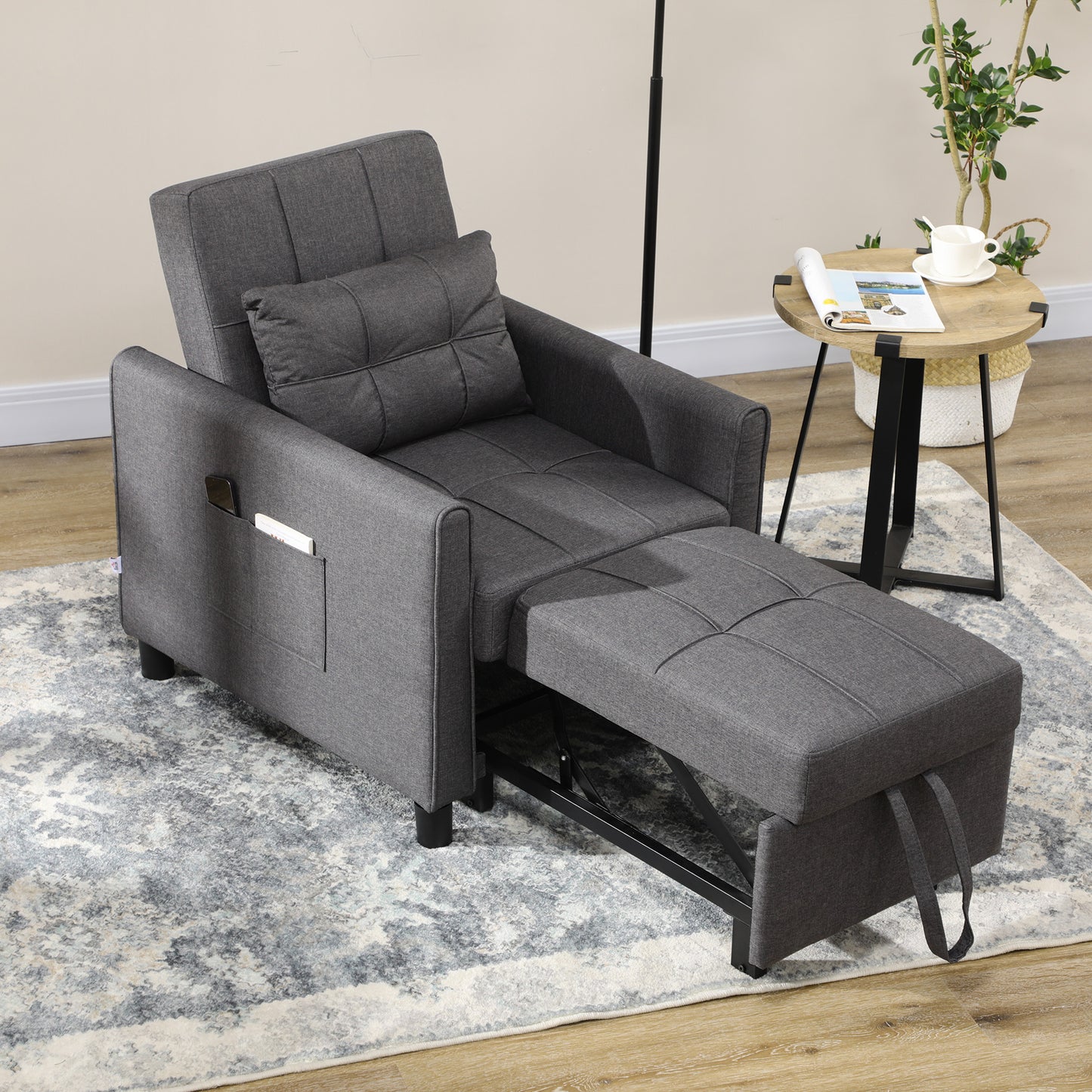 HOMCOM 3-In-1 Linen-Look Single Chair Bed with Adjustable Back & Eucalyptus Wood Sofa Frame - Grey
