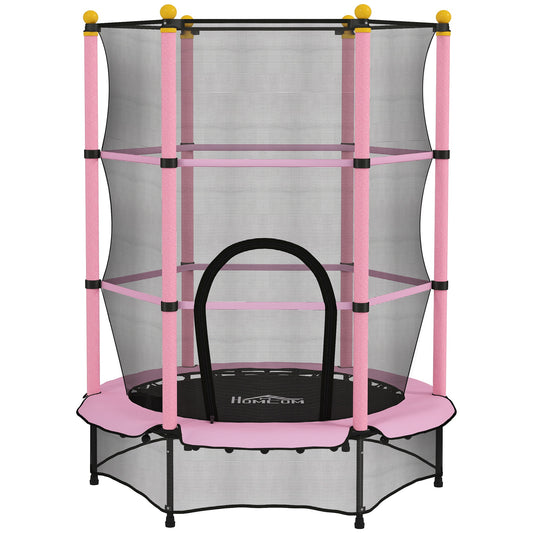 Photo of HOMCOM 4.6FT/55" Kids Trampoline with Enclosure Net, Outdoor Indoor Use, for Ages 3-10 Years, Pink in Pink colour on a white background